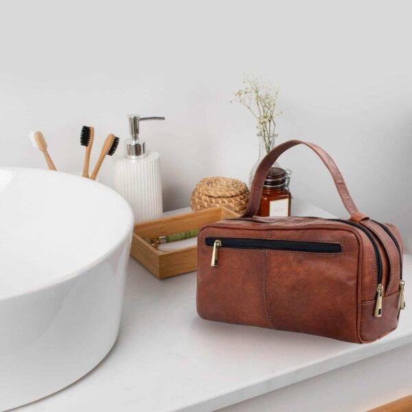 Leather Toiletry Bag - Compact Travel Essential for Unisex | Water-Resistant, Genuine Leather - Image 3