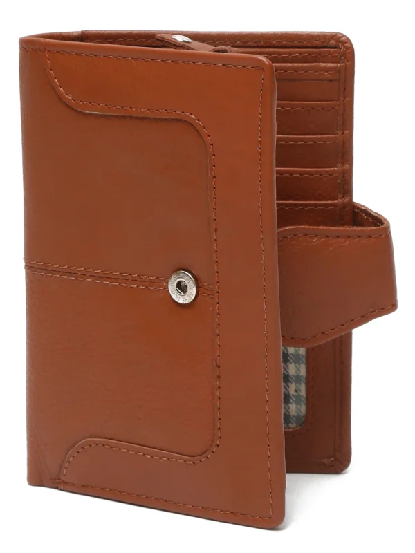 Panoply Leather Tan Textured Tri-Fold Wallet for Women with Snap Closure - Image 3