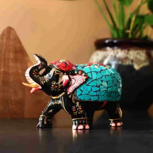 Hand-painted Wooden Kadam Wood Elephant with Gemstone Decoration | Good Luck Table Decor
