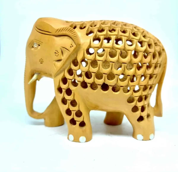 Carved Indian Kadam Wood Solid Butyro Jali Cutting Pattern of an Elephant inside the body | Beautiful Table Decor - Image 2