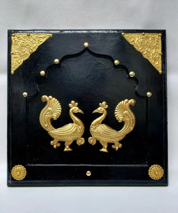 Exquisite Wooden Peacock Wall Frame with Brass Artwork. The Exquisite Ethnic Wall Décor