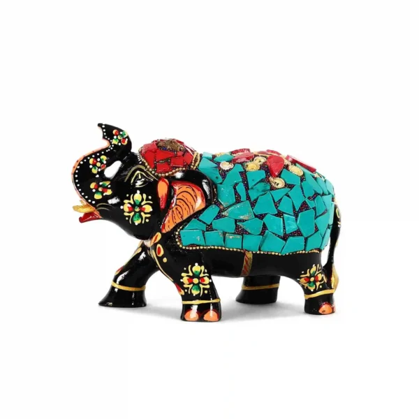Hand-painted Wooden Kadam Wood Elephant with Gemstone Decoration | Good Luck Table Decor - Image 3