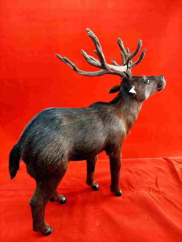 Vintage Leather Handmade Deer with Fur Coating and Antlers | Unique Tabletop Décor - Image 3