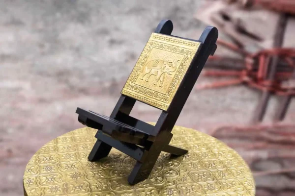 Panoply Wooden Brass Embossed Folding Mobile Stand Chair – Elegant Mango Wood Design