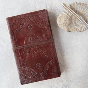 Panoply Vintage Leather Handmade Journal with Camel Embossed Work and Leather Strap
