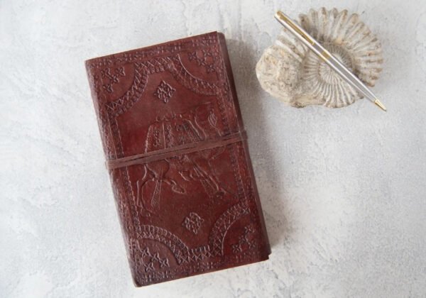 Panoply Vintage Leather Handmade Journal with Camel Embossed Work and Leather Strap